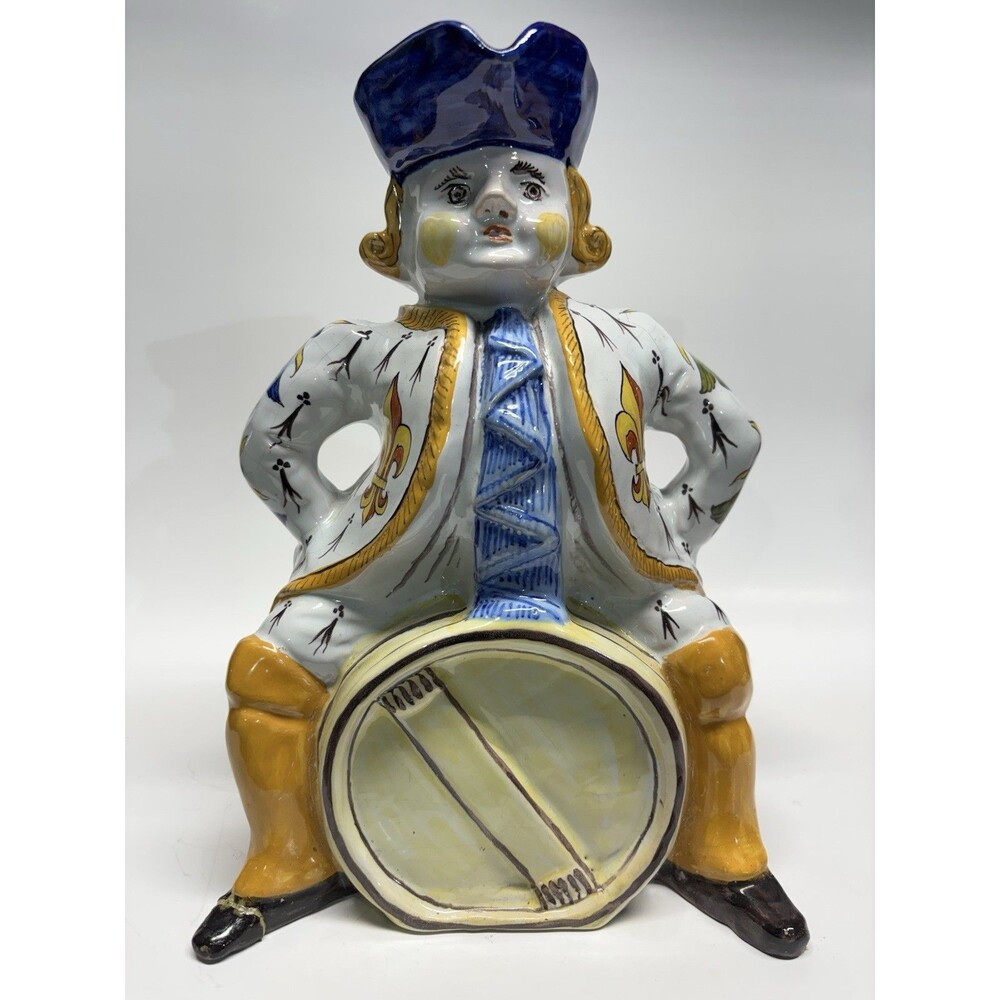 Vintage French Faience Figural Drummer Pitcher Jug Hand Painted Pottery 1229